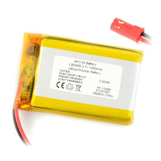 Battery Li-Pol Akyga 1600mAh 1S 3.7V - JST-BEC connector + socket