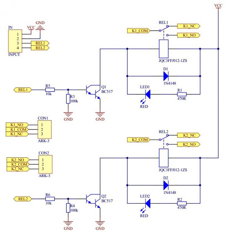 Two-channel module with 5V 10A/250VDC relays