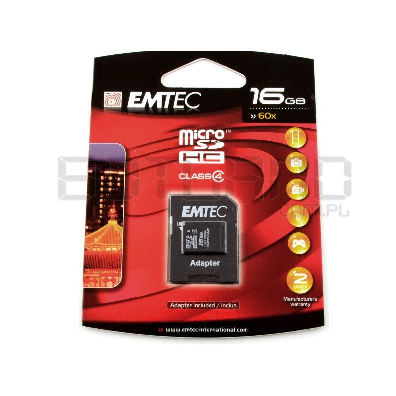 EMTEC micro SD / SDHC 16GB Class 4 memory card with adapter
