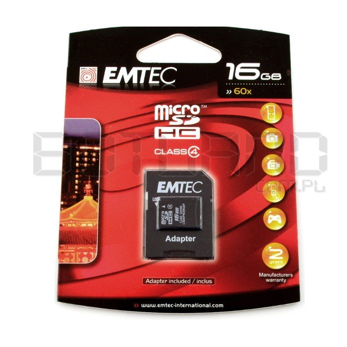EMTEC micro SD / SDHC 16GB Class 4 memory card with adapter
