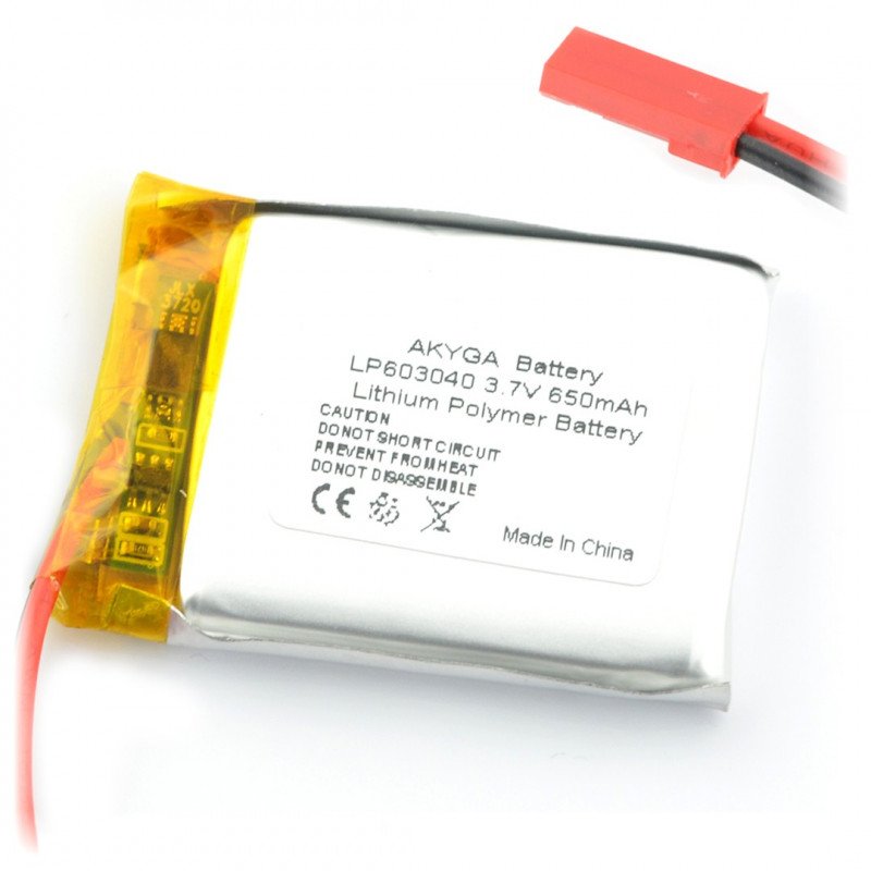 Battery Li-Pol Akyga 650mAh 1S 3.7V - JST-BEC connector + socket