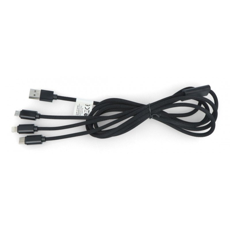 Lanberg Combo 3in1 USB cable type A - microUSB + lightning + USB type C 2.0 black, material braid - 1.8m