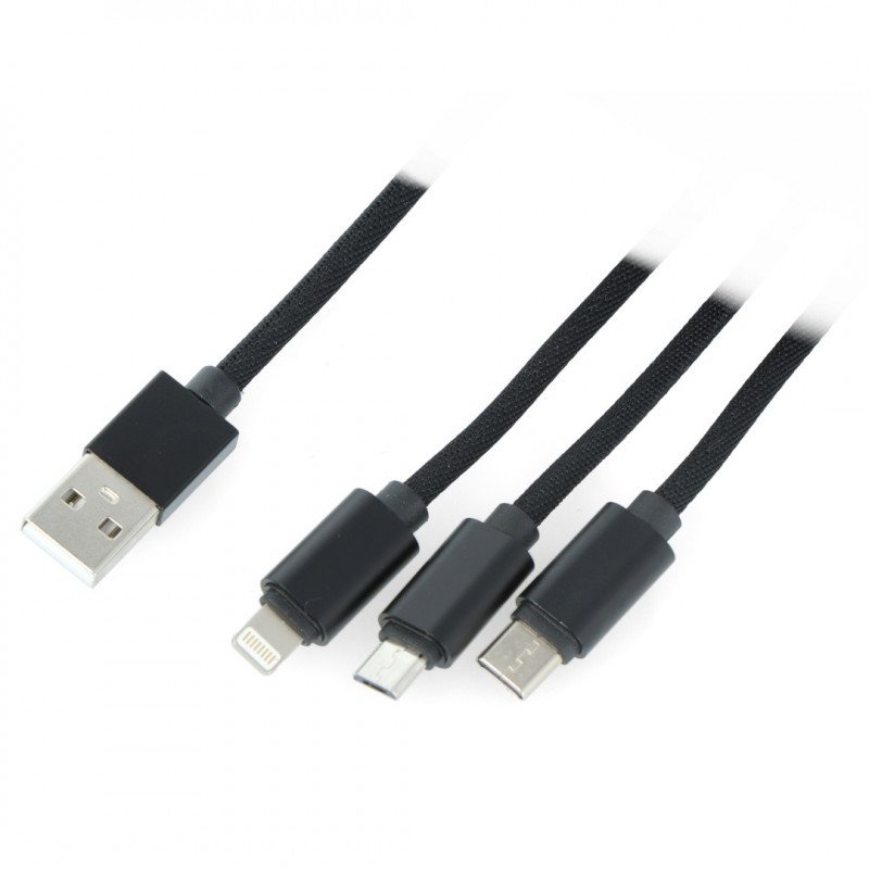 Lanberg Combo 3in1 USB cable type A - microUSB + lightning + USB type C 2.0 black, material braid - 1.8m