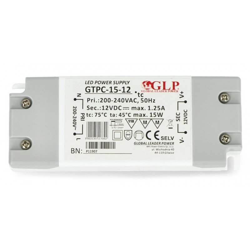 Switch mode power supply for LED lighting GTPC-15-12 - 12V/1,25A/15W