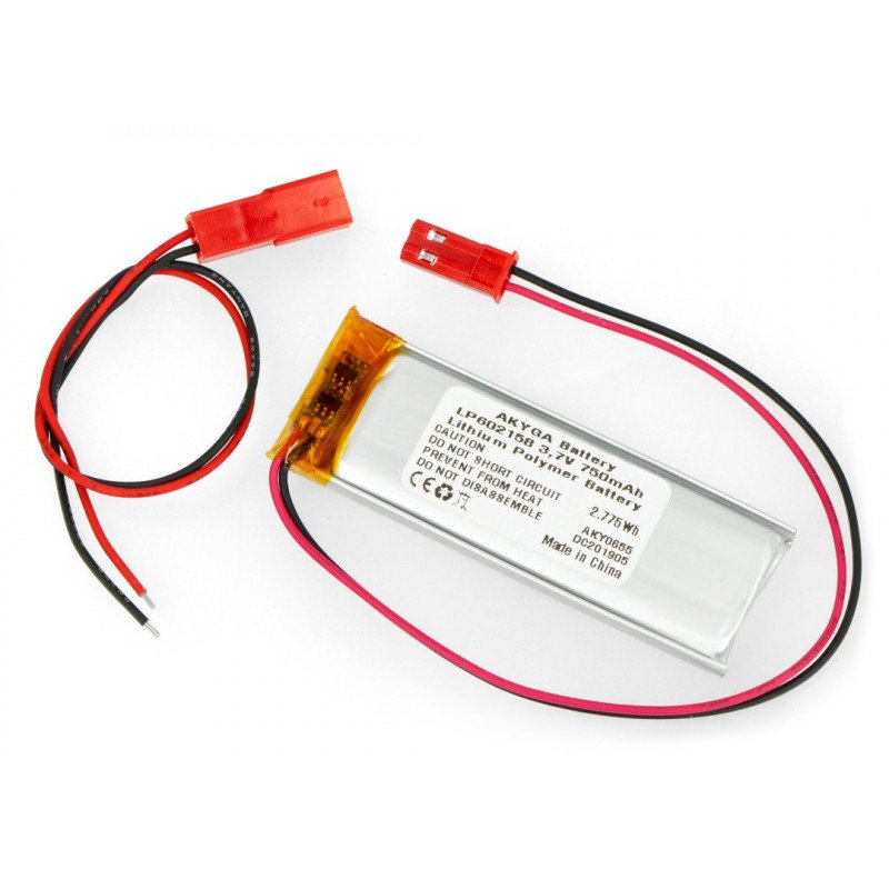 Battery Li-Pol Akyga 3.7V 1S 750mAh, PCM, connector + socket 2.54 JST - 2 pins - (58x21x6mm)