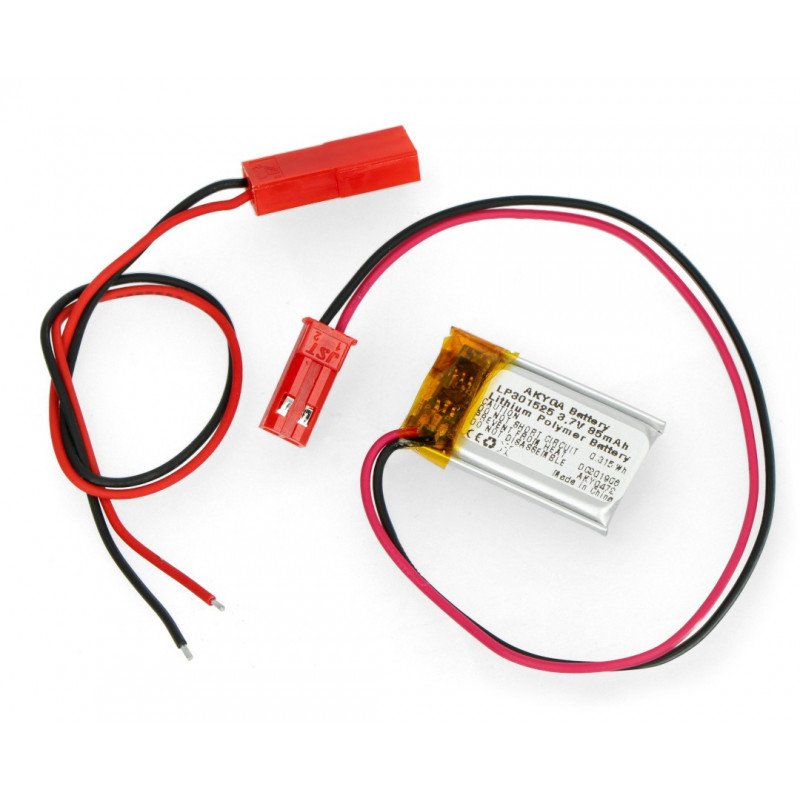 Li-Pol Akyga 3.7V 1S 85mAh battery pack connector + socket 2.54 JST - 2 pins