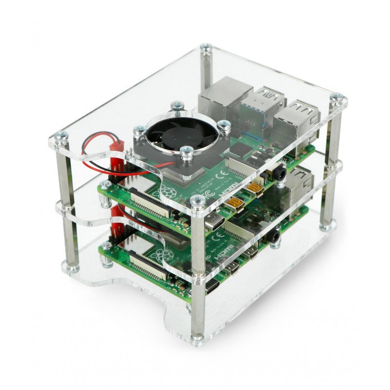 Two Raspberry enclosure Pi 4B/3B+/3B/2B/Zero - with two fans - open V2 transparent