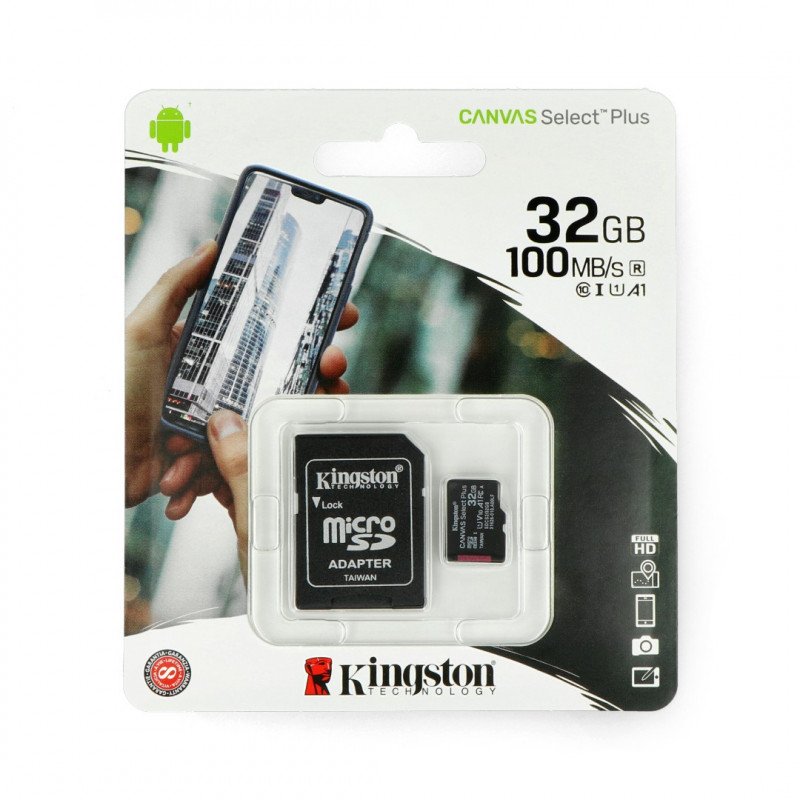 Kingston Canvas Select Plus microSD 32GB 100MB/s UHS-I Class 10 memory card with adapter