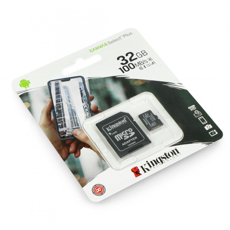 Kingston Canvas Select Plus microSD 32GB 100MB/s UHS-I Class 10 memory card with adapter