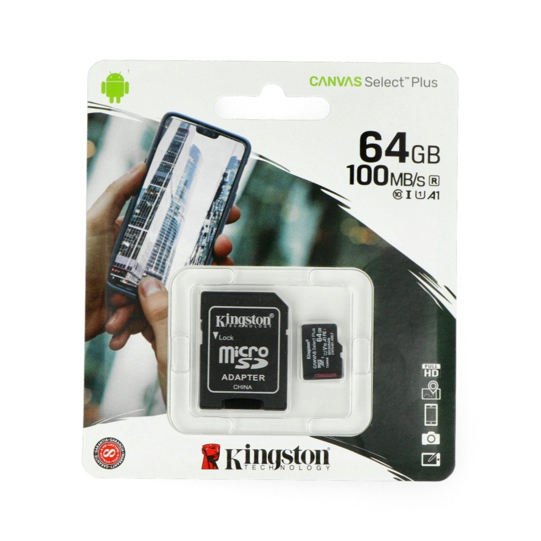 Kingston Canvas Select Plus microSD 64GB 100MB/s UHS-I Class 10 memory card with adapter