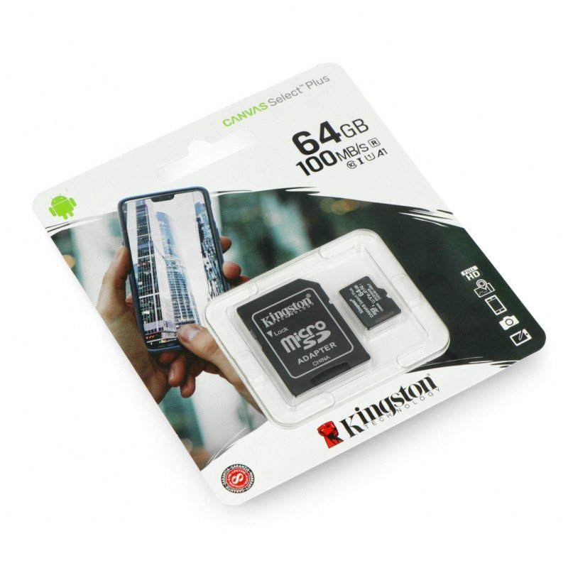 Kingston Canvas Select Plus microSD 64GB 100MB/s UHS-I Class 10 memory card with adapter