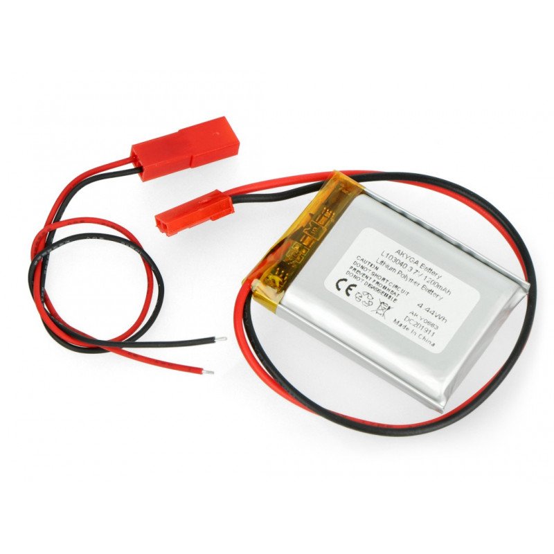 Battery Li-Pol Akyga 1200mAh 1S 3.7V - JST-BEC connector + socket - 40x30x10mm