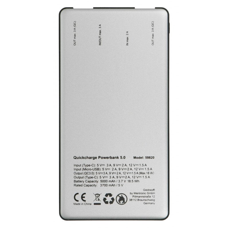 Mobile PowerBank Goobay 5.0 59820 Quick Charge 3.0 5000mAh - grey - black
