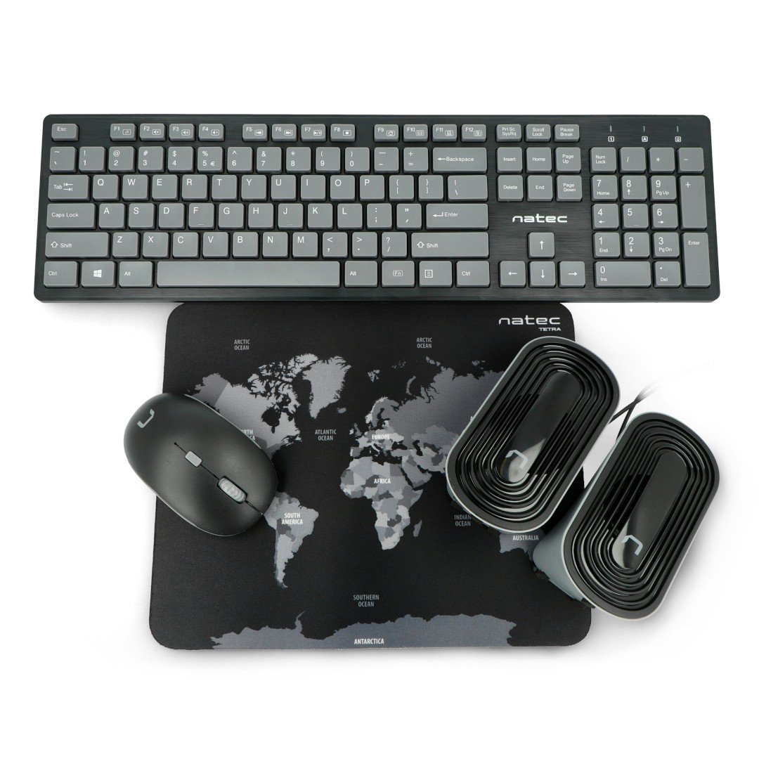 4in1 Natec Tetra Wireless Kit Keyboard + Mouse + Speakers + US pad - black and grey