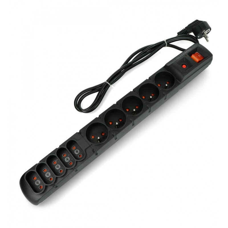 Power strip with Acar S10 protection black - 10 sockets - 1.5m