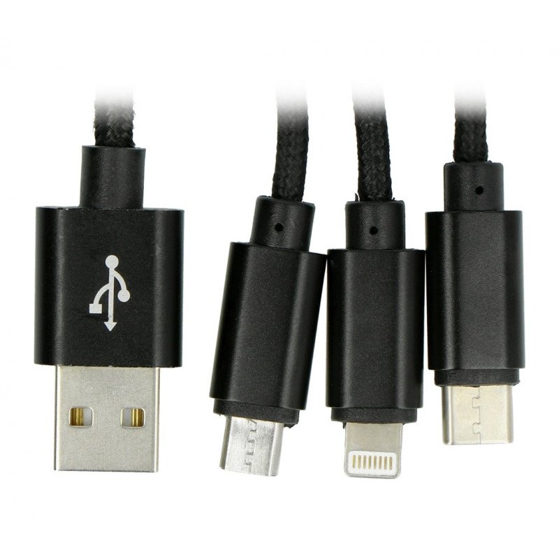 Maxlife Nylon 3-in-1 USB Type A cable - microUSB + lightning + USB Type C - black - 1m