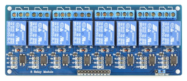 Relays module, 8 channels with opto-isolation  - 10A / 250VAC contacts - 5V coil - blue