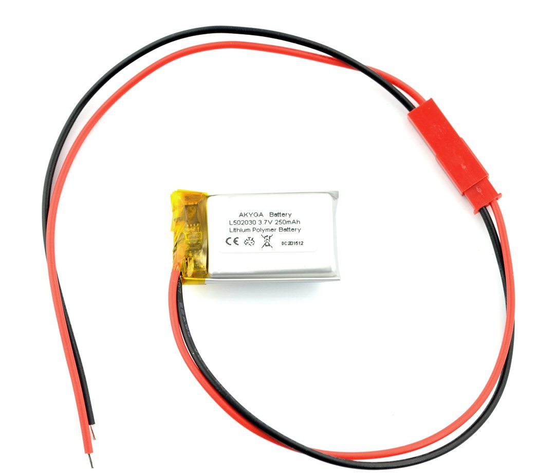 Akumulator Li-Pol Akyga 3,7V 1S 250mAh konektor+gniazdo 2,54 JST - 2 piny