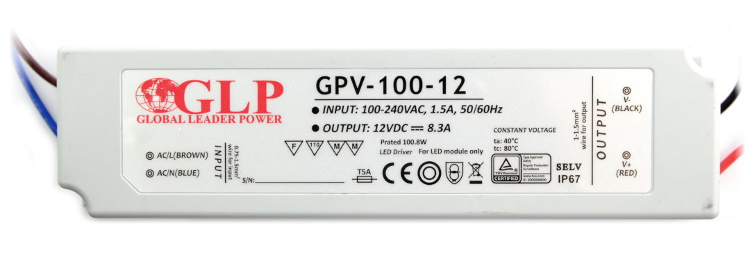 Waterproof power supply for LED strips and tapes GPV-100-12 - 12V / 8.3A / 100W - detailed information