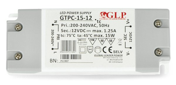 Zasilacz impulsowy do oświetlenia LED GLP GTPC-15-12 - 12 V / 1,25 A / 15 W
