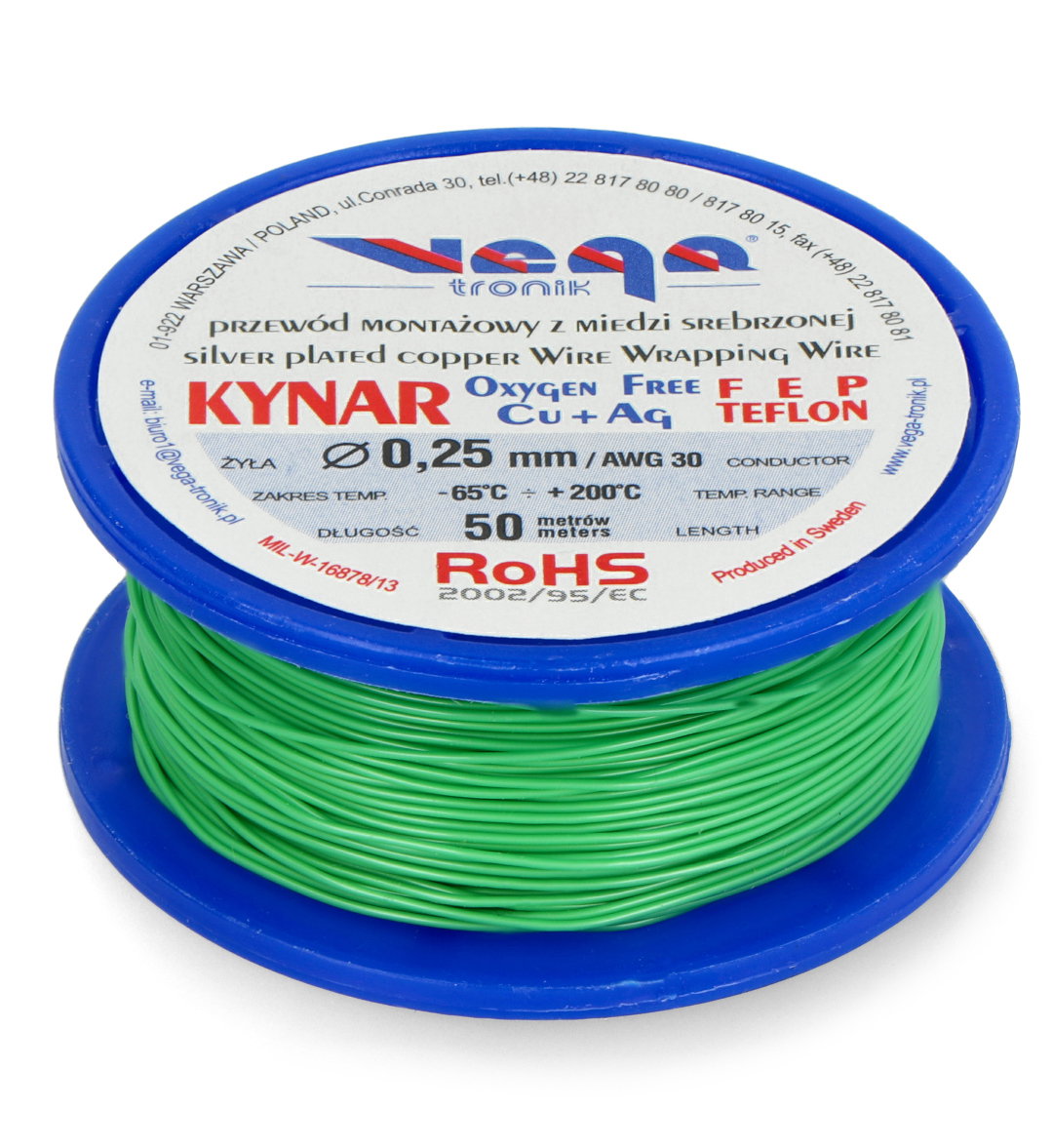 Kynar silver-plated copper hook-up wire - 0.25 mm / AWG 30 - green - 50 m