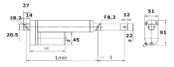 Wymiary siłownika liniowego LA-T5P