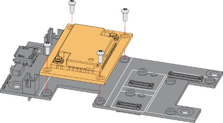Rysunek przedstawia instrukcję montażu modułu deweloperskiego WisBlock LPWAN i płytki bazowej WiskBlock Base Board.