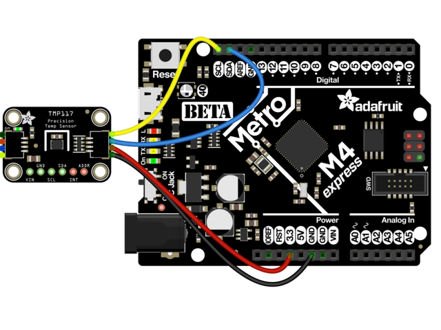 Schemat podłączenia czujnika temperatury od Adafruit z wykorzystaniem złącza STEMMA QT / Qwiic oraz płytki Metro.
