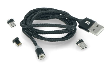 Przewód magnetyczny Rebel 3w1 USB typ A, microUSB, USB typ C, lightning - czarny, oplot materiałowy - 1m