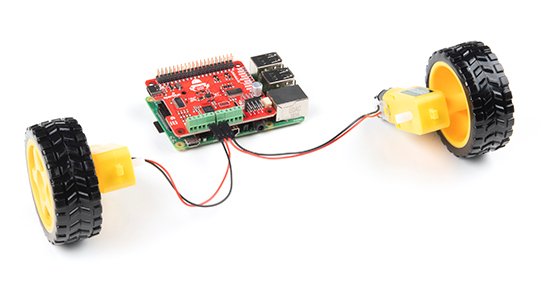 An example of using the SparkFun Auto pHAT overlay. Raspberry Pi and motors with wheels must be purchased separately.