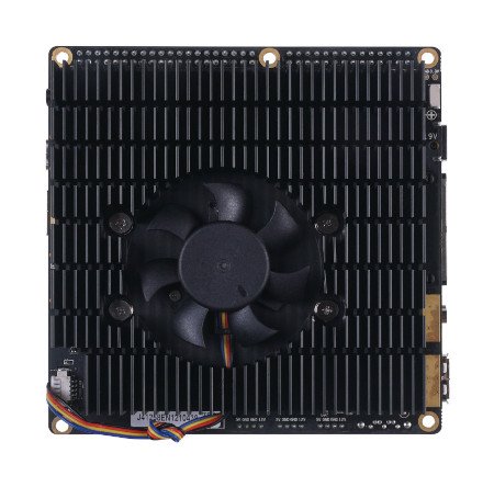 On the bottom of the board there is a large heat sink with a fan.