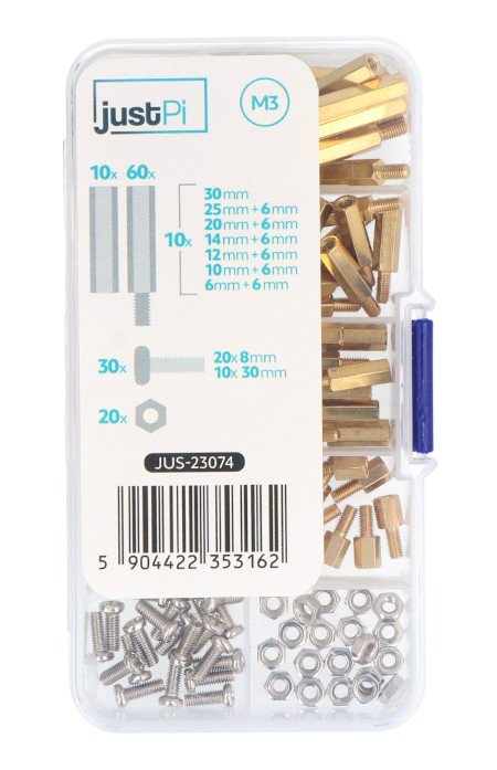 A set of M3 screws and spacers in a box.
