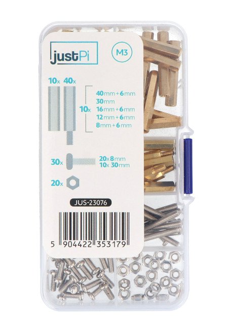 A set of screws and spacer sleeves in a transparent box.