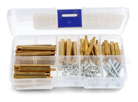 A set of spacer sleeves and screws lie in an open and transparent container.