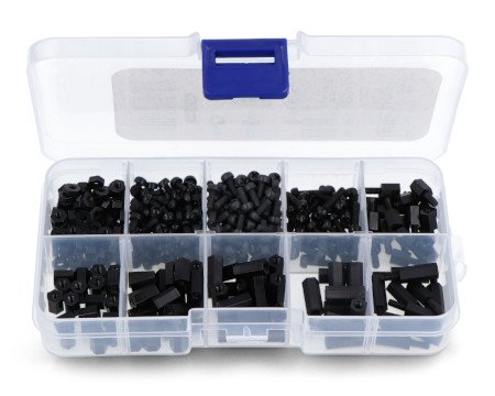 A set of nylon screws and spacers lie in a transparent and open box.