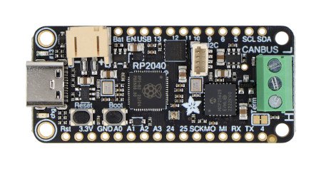 The RP2040 CAN bus feather module lies on a white background.