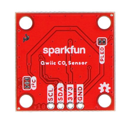 A red sparkfun board with a temperature, humidity and gas sensor lies upside down on a white background.