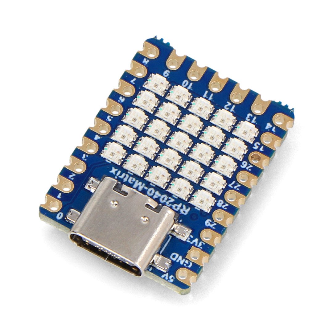 The RP2040 matrix board with an LED matrix lies on a white background.