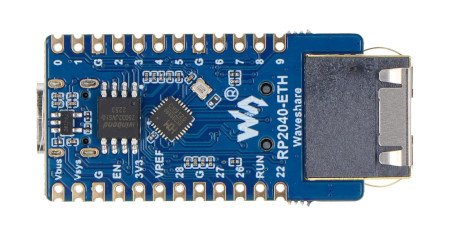 The RP2040-eth mini board lies on a white background with a top view.