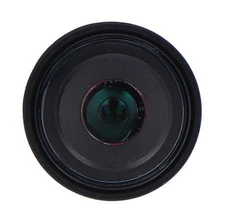 A black lens with a covered shutter lies on a white background.
