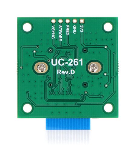 The camera module for Raspberry Pi lies inverted on a white background.