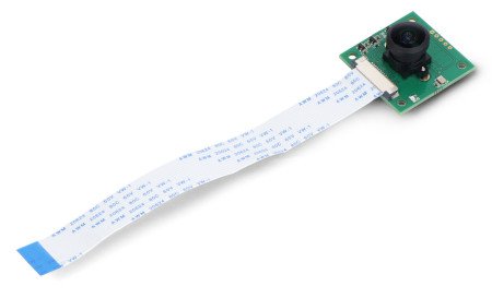 A camera module for Raspberry Pi lies on a white background along with a connection tape.