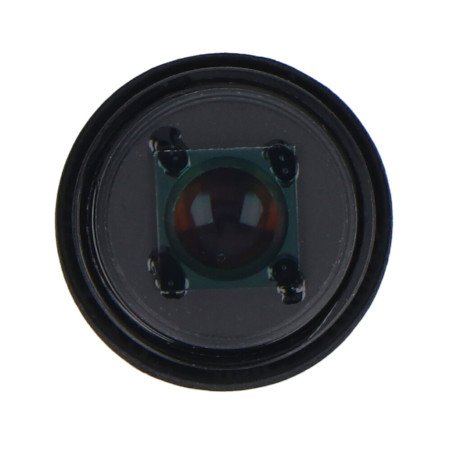 A black Arducam camera lens lies upside down on a white background.