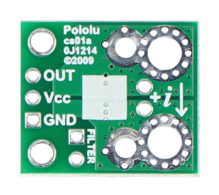 The green Pololu current sensor module lies upside down on a white background.