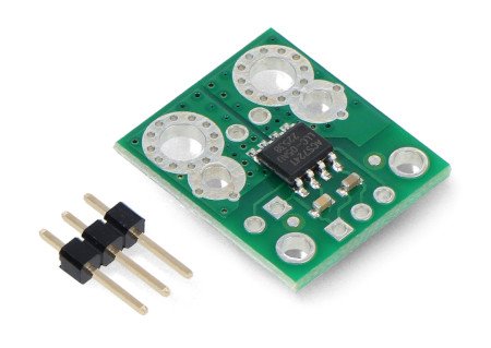 A current sensor with a set of pins to be soldered lies on a white background.