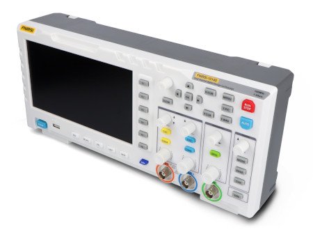 A gray oscilloscope with a generator stands on a white background.