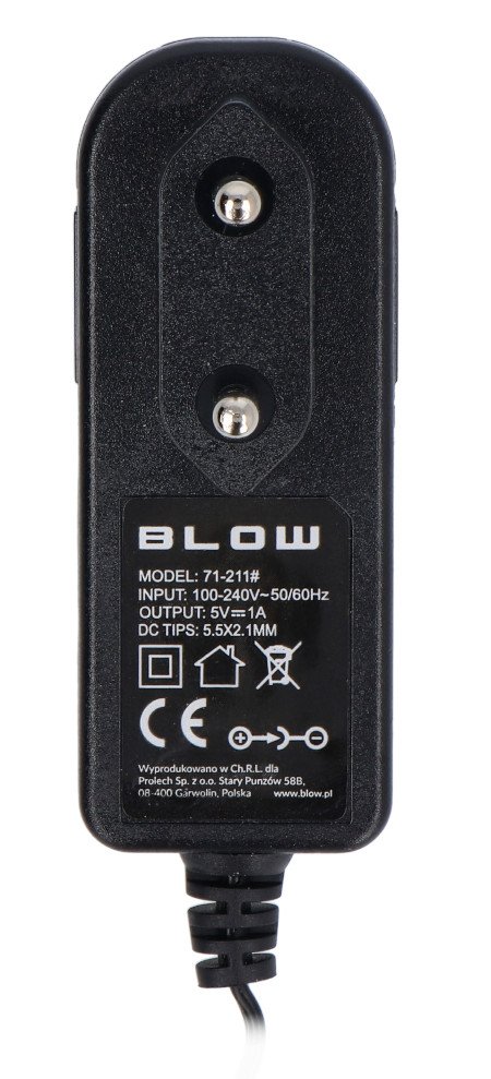 Switching power supply 5V / 1 A with DC 5.5 / 2.1 mm plug - Blow 71-211 shown from the bottom against a white background