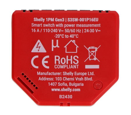 Shelly 1PM Gen3 - 1x relay AC 110 - 240 V, DC 24 - 30 V, WiFi 16 A - energy measurement - Android / iOS application