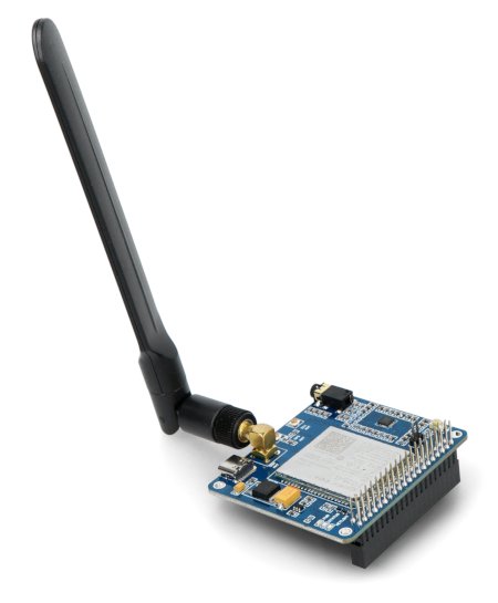 The Raspberry Pi shield with a connected antenna lies on a white background.