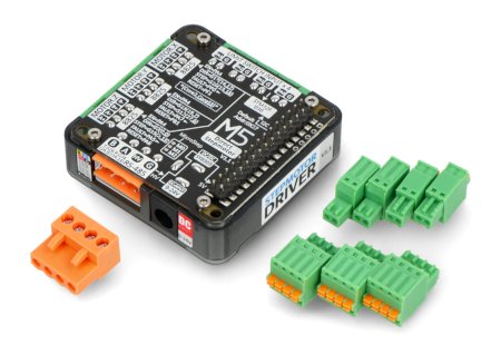 The M5Stack stepper motor driver lies on a white background along with the components of the set.